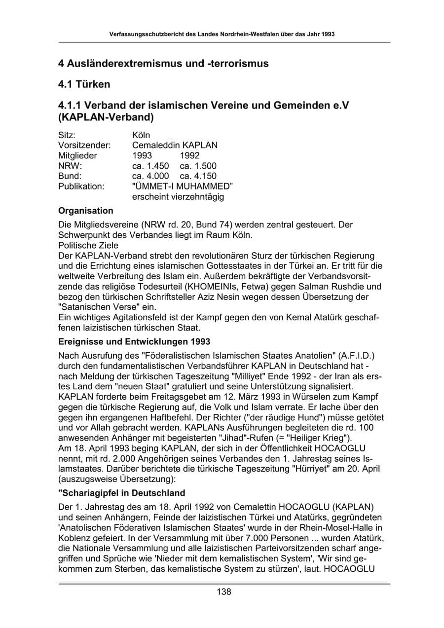 Seite 138 des Verfassungsschutzbericht 1993 Nordrhein-Westfalen