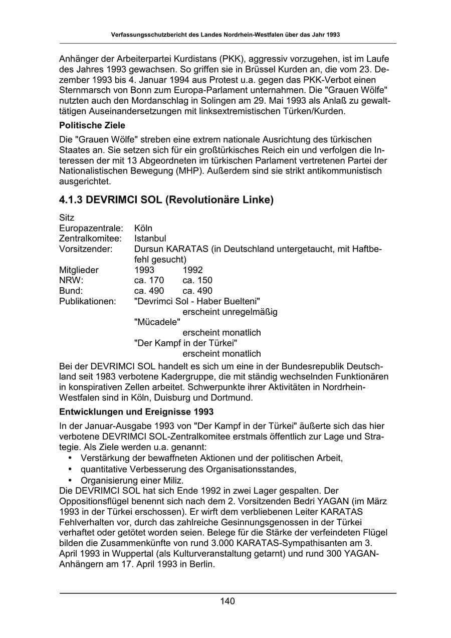Seite 140 des Verfassungsschutzbericht 1993 Nordrhein-Westfalen
