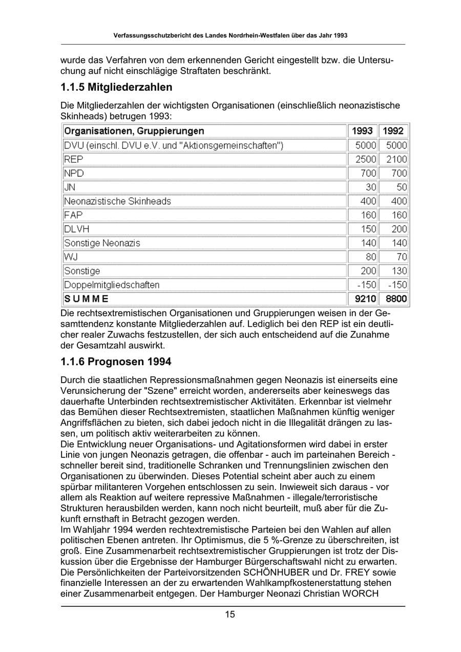 Seite 15 des Verfassungsschutzbericht 1993 Nordrhein-Westfalen
