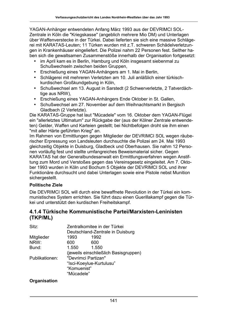 Seite 141 des Verfassungsschutzbericht 1993 Nordrhein-Westfalen