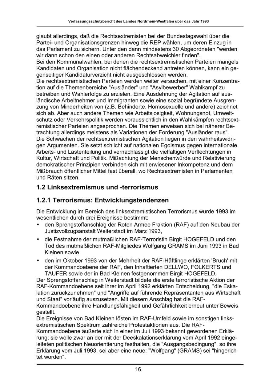 Seite 16 des Verfassungsschutzbericht 1993 Nordrhein-Westfalen