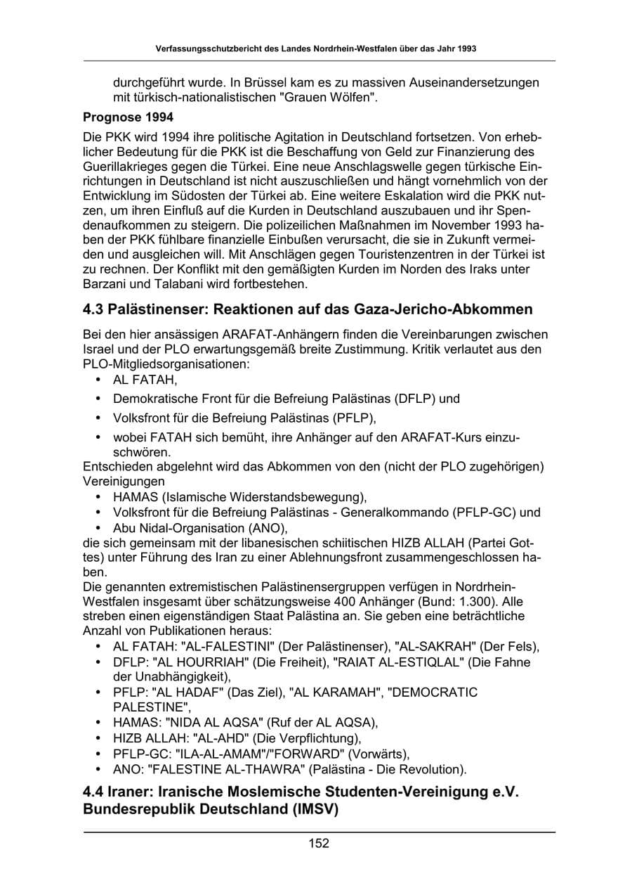 Seite 152 des Verfassungsschutzbericht 1993 Nordrhein-Westfalen