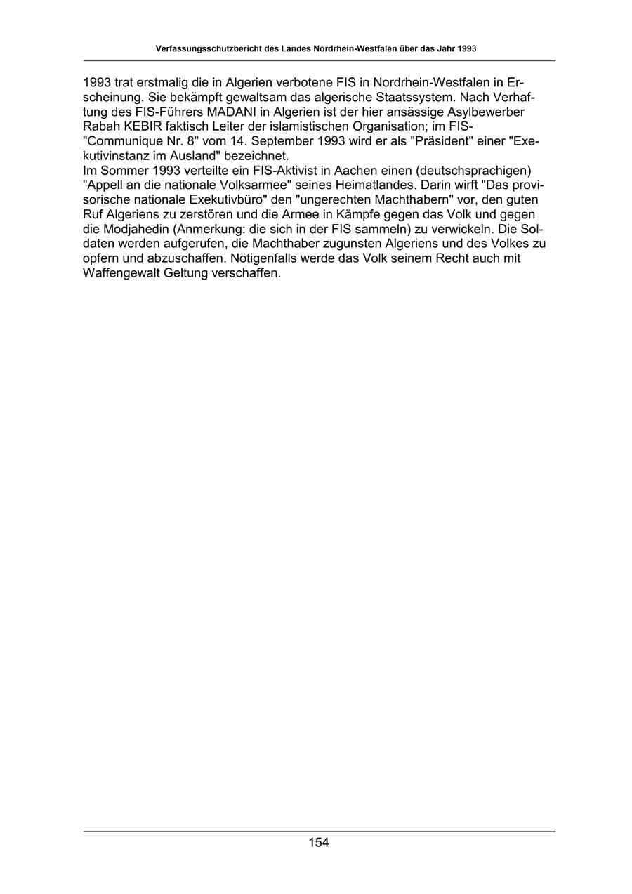 Seite 154 des Verfassungsschutzbericht 1993 Nordrhein-Westfalen
