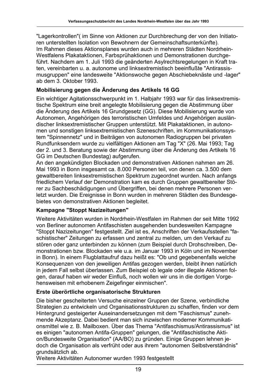 Seite 19 des Verfassungsschutzbericht 1993 Nordrhein-Westfalen
