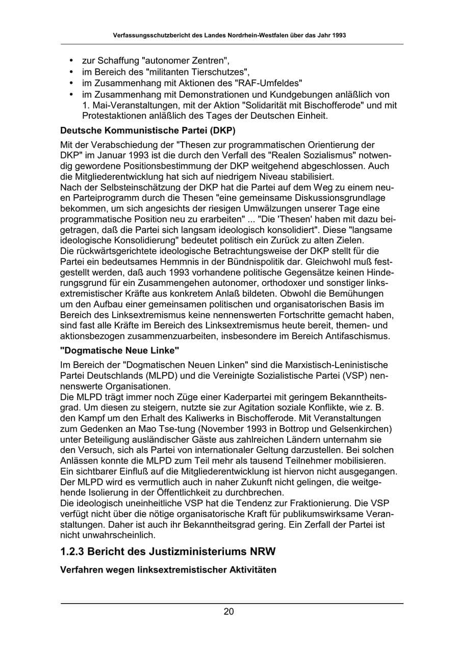 Seite 20 des Verfassungsschutzbericht 1993 Nordrhein-Westfalen