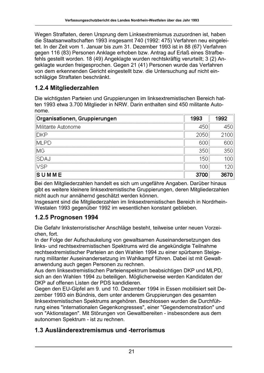 Seite 21 des Verfassungsschutzbericht 1993 Nordrhein-Westfalen