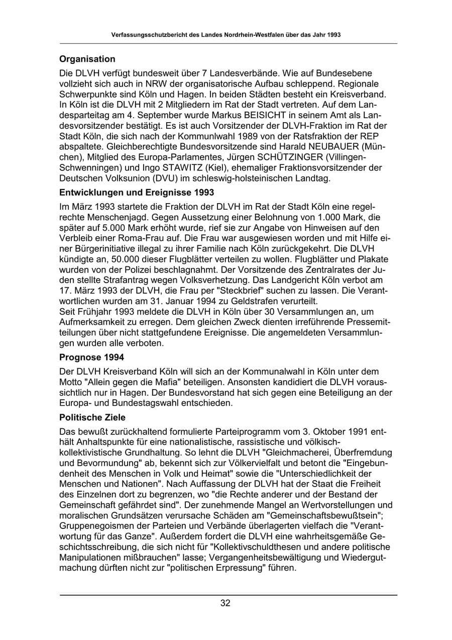 Seite 32 des Verfassungsschutzbericht 1993 Nordrhein-Westfalen