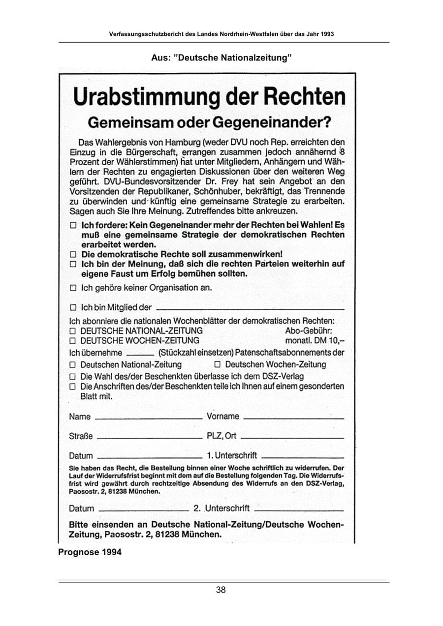 Seite 38 des Verfassungsschutzbericht 1993 Nordrhein-Westfalen