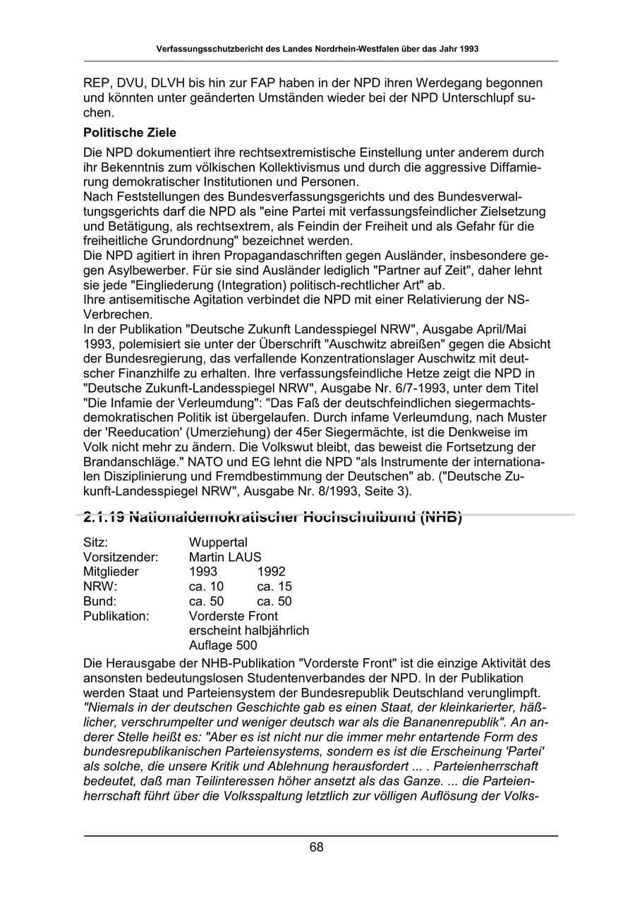 Seite 68 des Verfassungsschutzbericht 1993 Nordrhein-Westfalen
