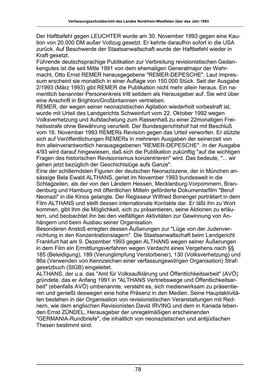 Seite 78 des Verfassungsschutzbericht 1993 Nordrhein-Westfalen