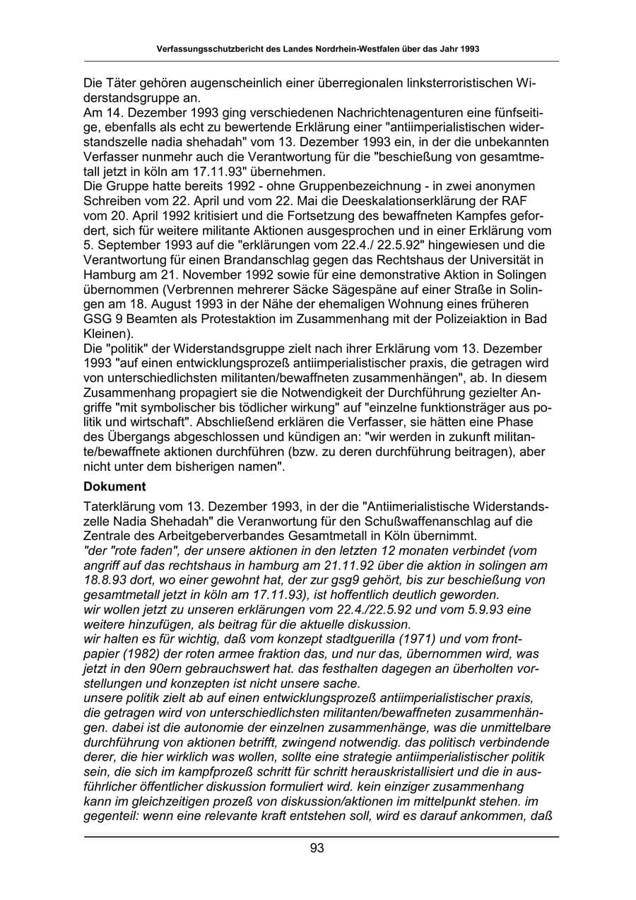 Seite 93 des Verfassungsschutzbericht 1993 Nordrhein-Westfalen