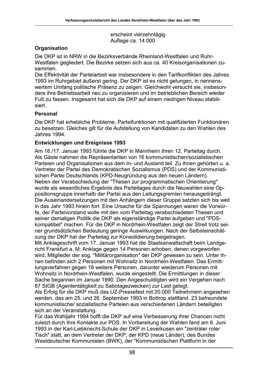 Seite 98 des Verfassungsschutzbericht 1993 Nordrhein-Westfalen