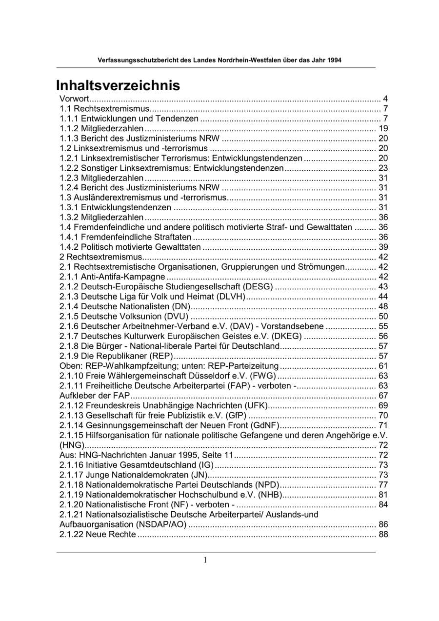 Seite 1 des Verfassungsschutzbericht 1994 Nordrhein-Westfalen