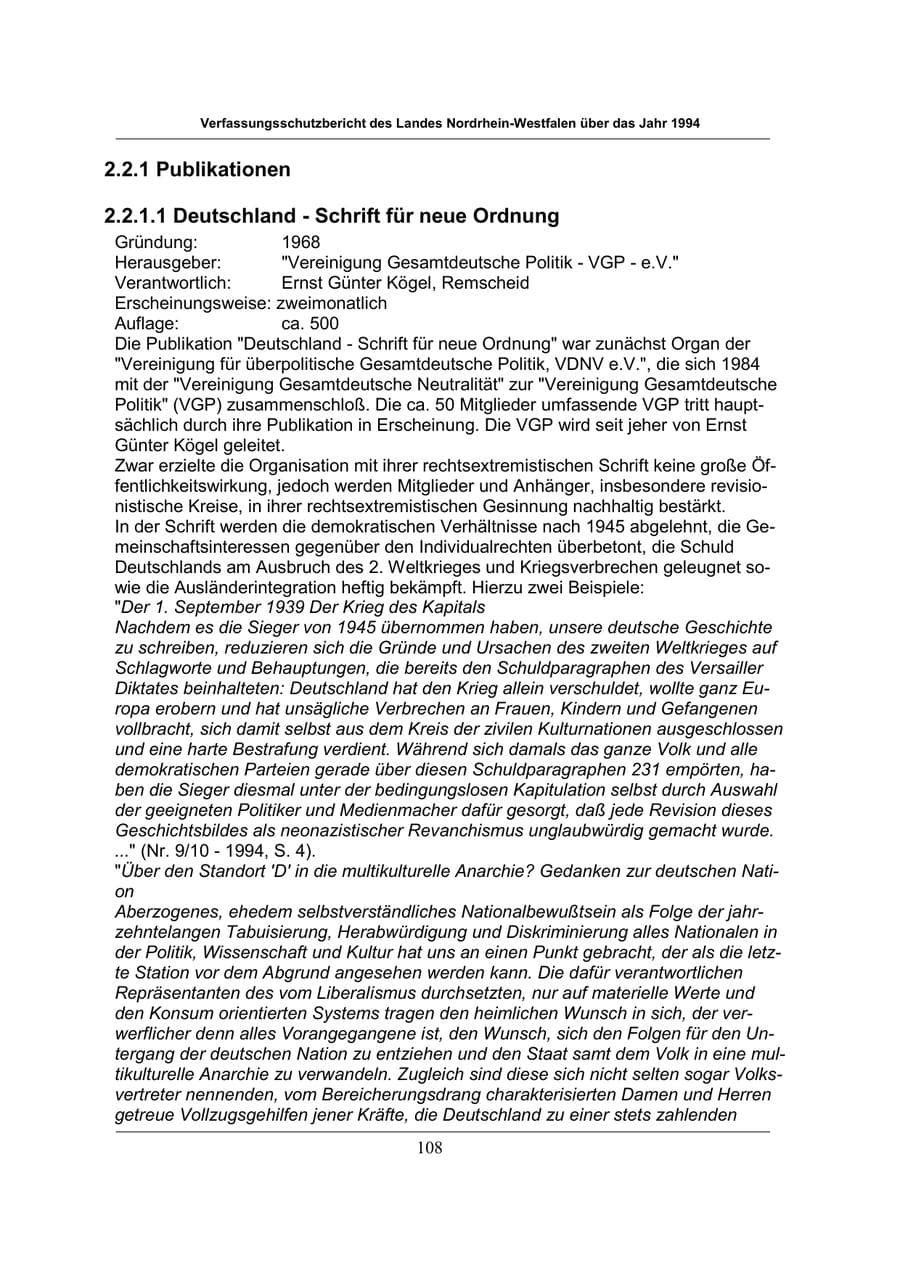 Seite 108 des Verfassungsschutzbericht 1994 Nordrhein-Westfalen