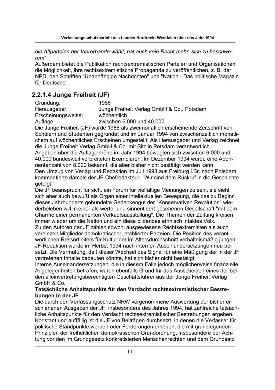 Seite 111 des Verfassungsschutzbericht 1994 Nordrhein-Westfalen