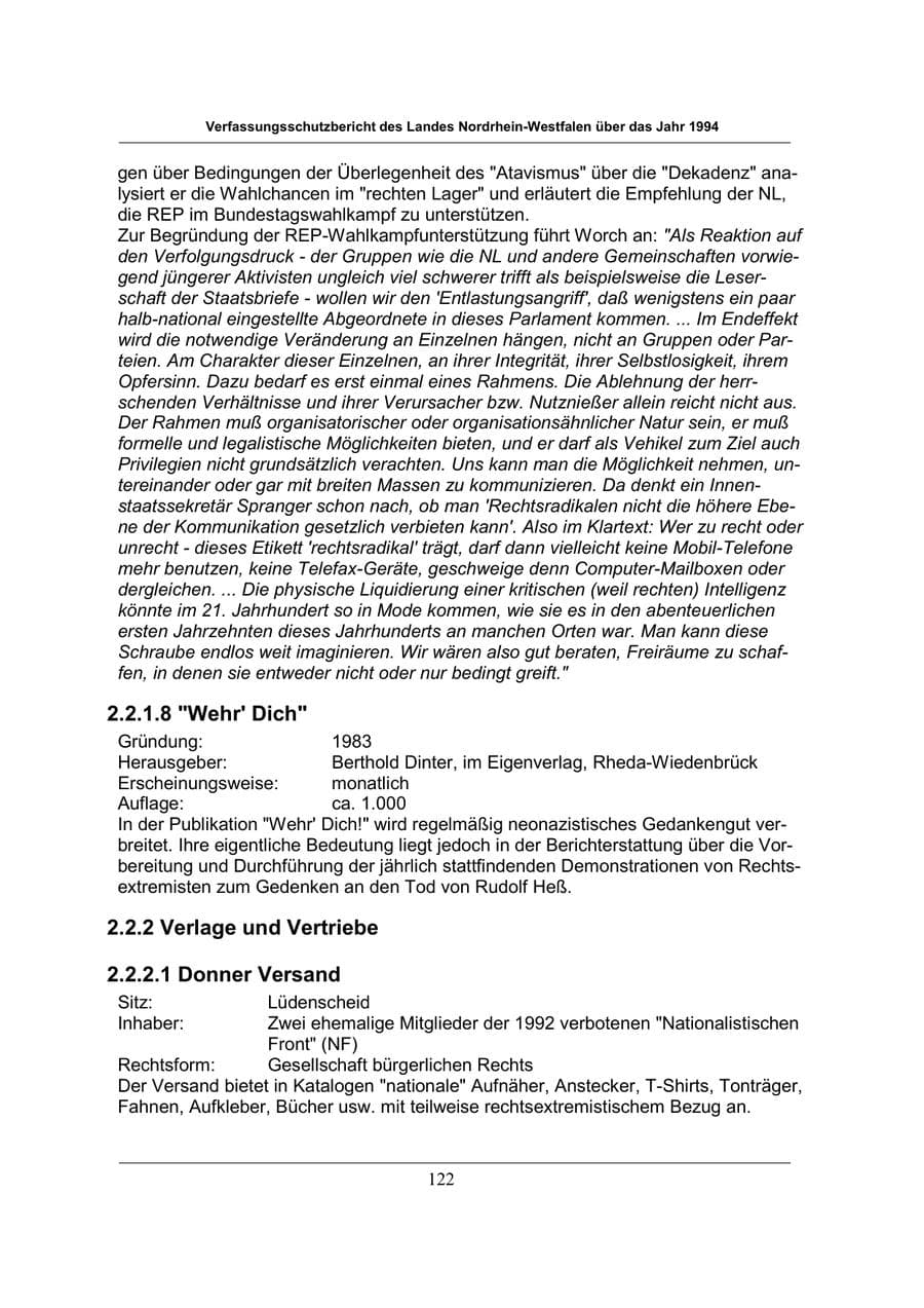 Seite 122 des Verfassungsschutzbericht 1994 Nordrhein-Westfalen