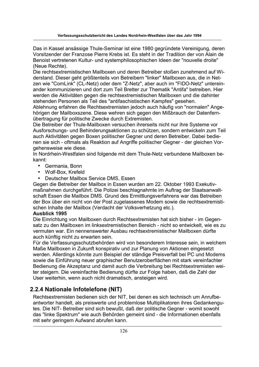 Seite 126 des Verfassungsschutzbericht 1994 Nordrhein-Westfalen