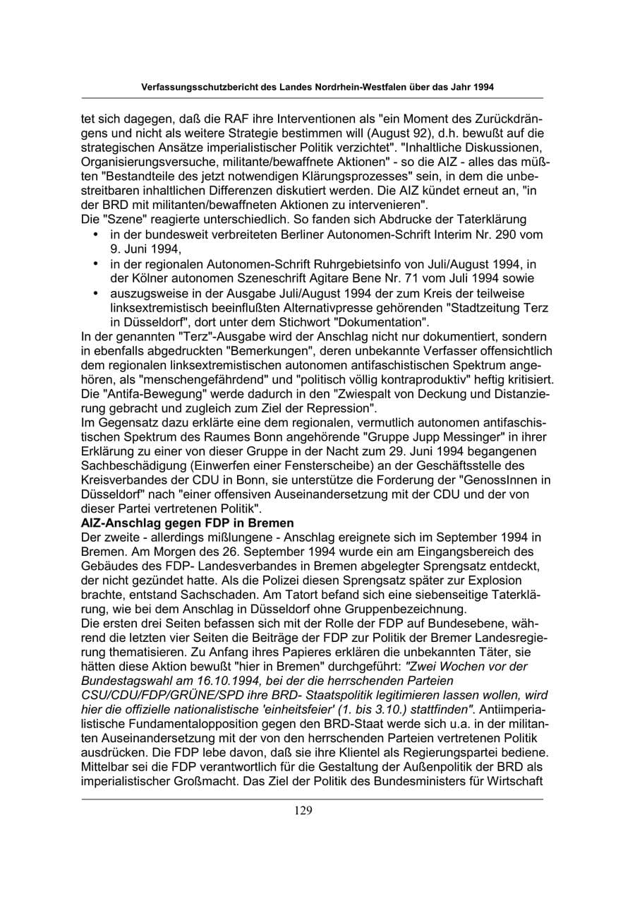 Seite 129 des Verfassungsschutzbericht 1994 Nordrhein-Westfalen