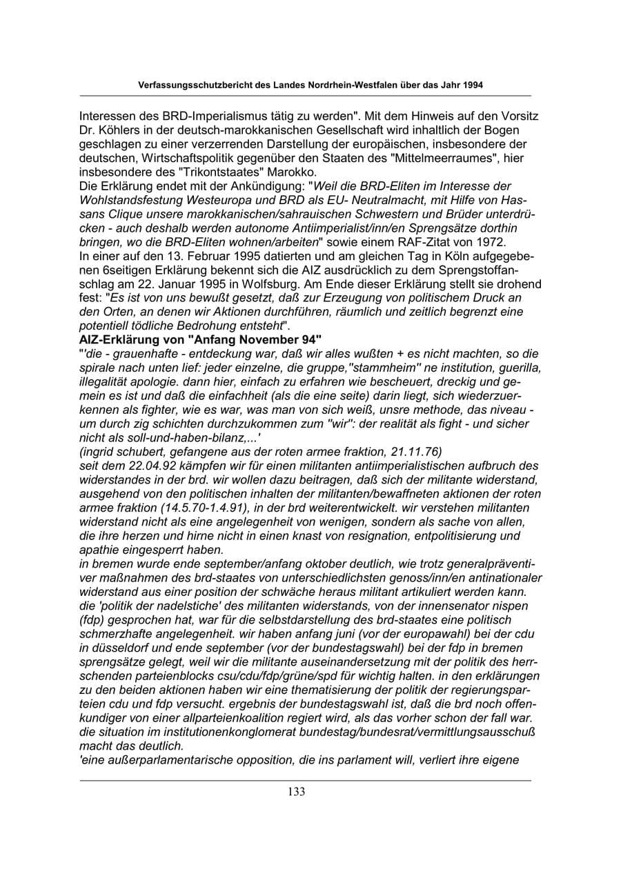 Seite 133 des Verfassungsschutzbericht 1994 Nordrhein-Westfalen