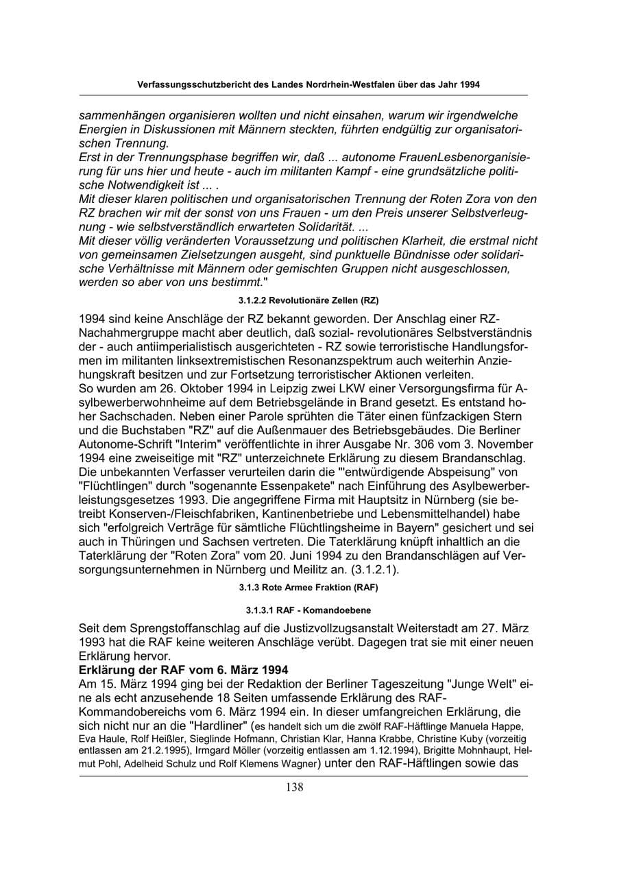 Seite 138 des Verfassungsschutzbericht 1994 Nordrhein-Westfalen