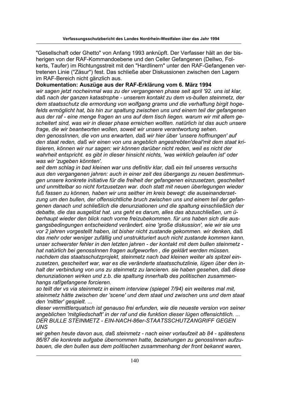 Seite 140 des Verfassungsschutzbericht 1994 Nordrhein-Westfalen