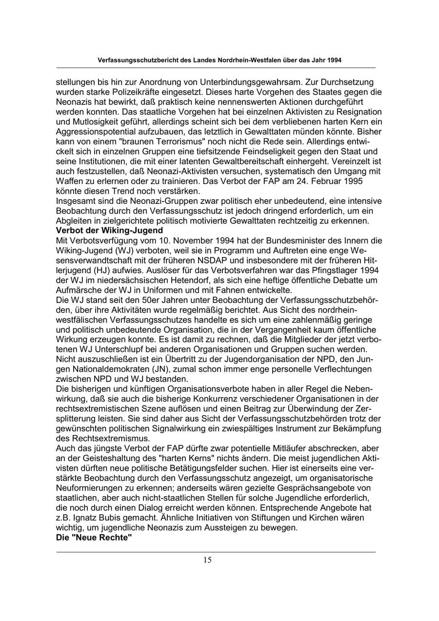 Seite 15 des Verfassungsschutzbericht 1994 Nordrhein-Westfalen