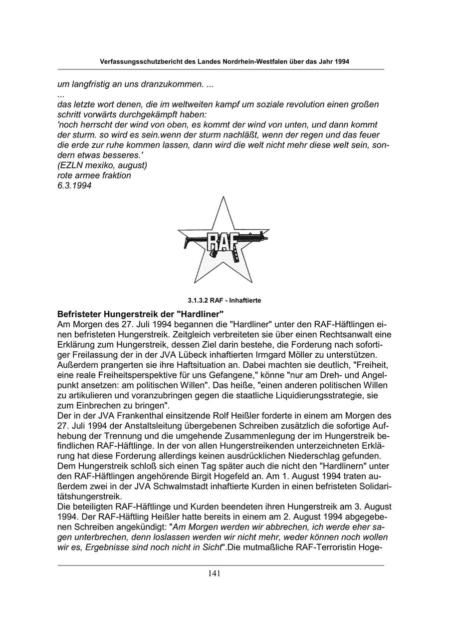 Seite 141 des Verfassungsschutzbericht 1994 Nordrhein-Westfalen