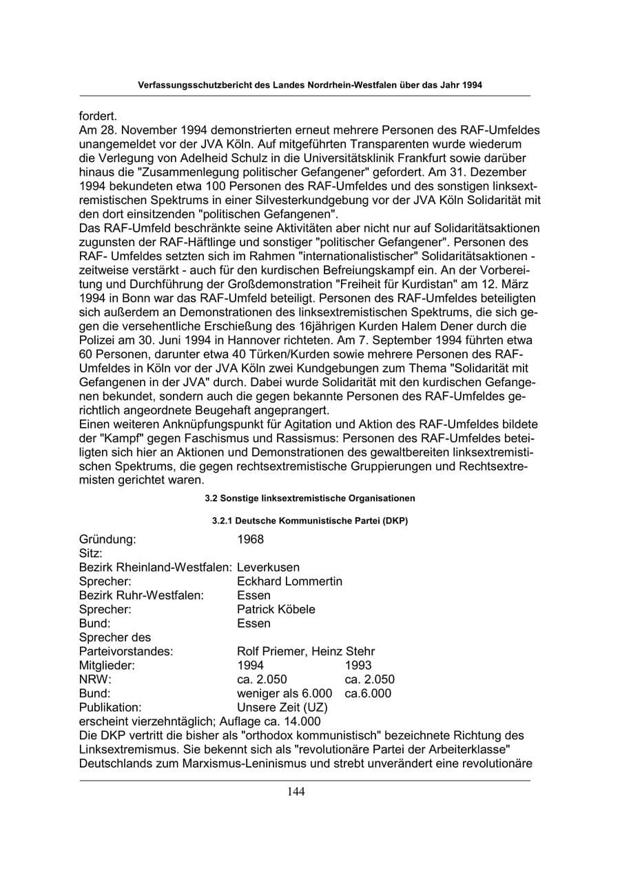 Seite 144 des Verfassungsschutzbericht 1994 Nordrhein-Westfalen