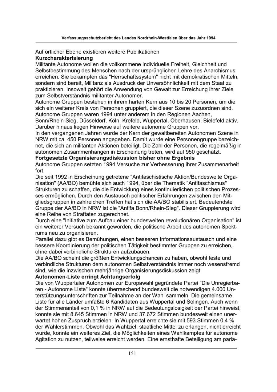 Seite 151 des Verfassungsschutzbericht 1994 Nordrhein-Westfalen