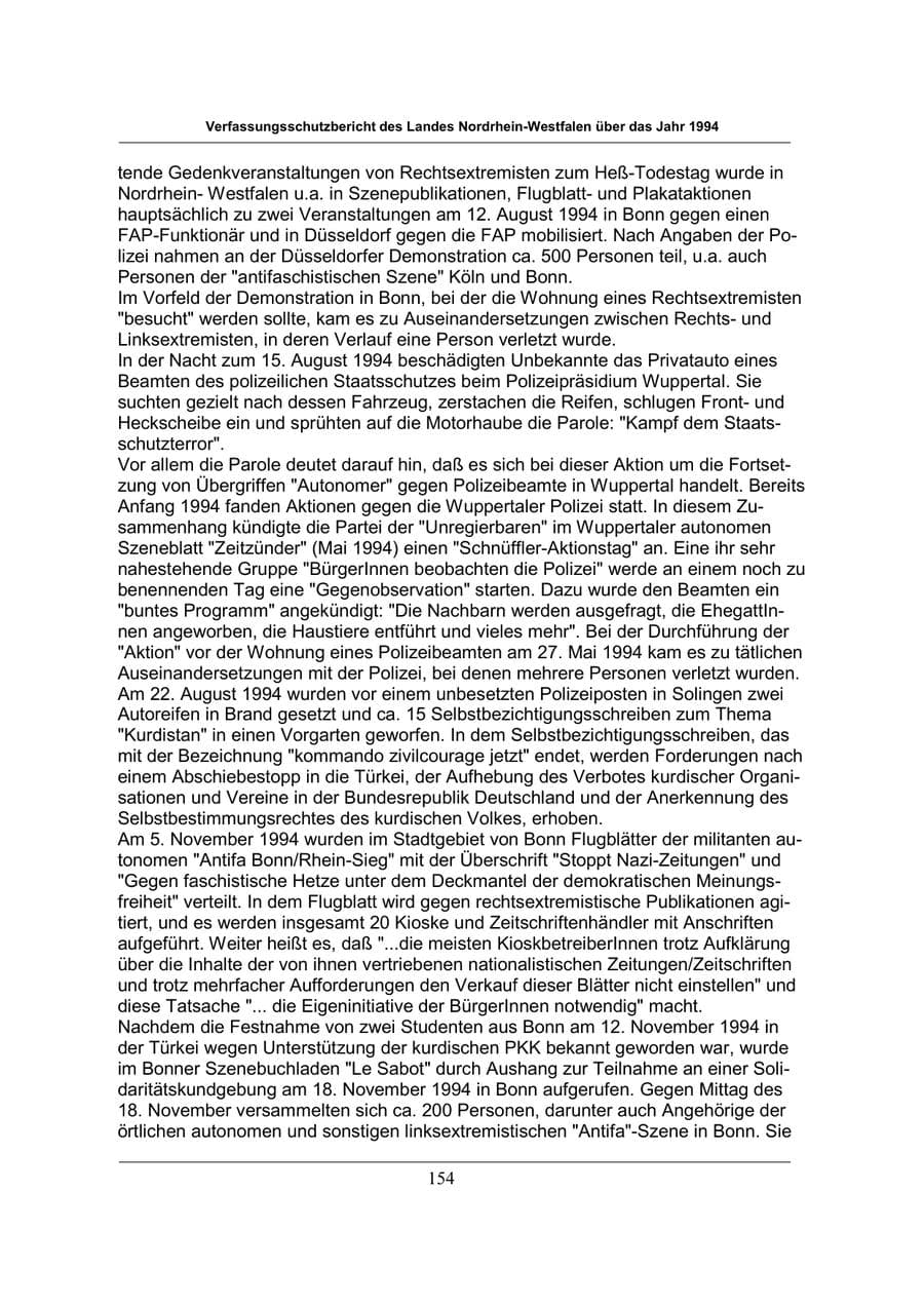 Seite 154 des Verfassungsschutzbericht 1994 Nordrhein-Westfalen