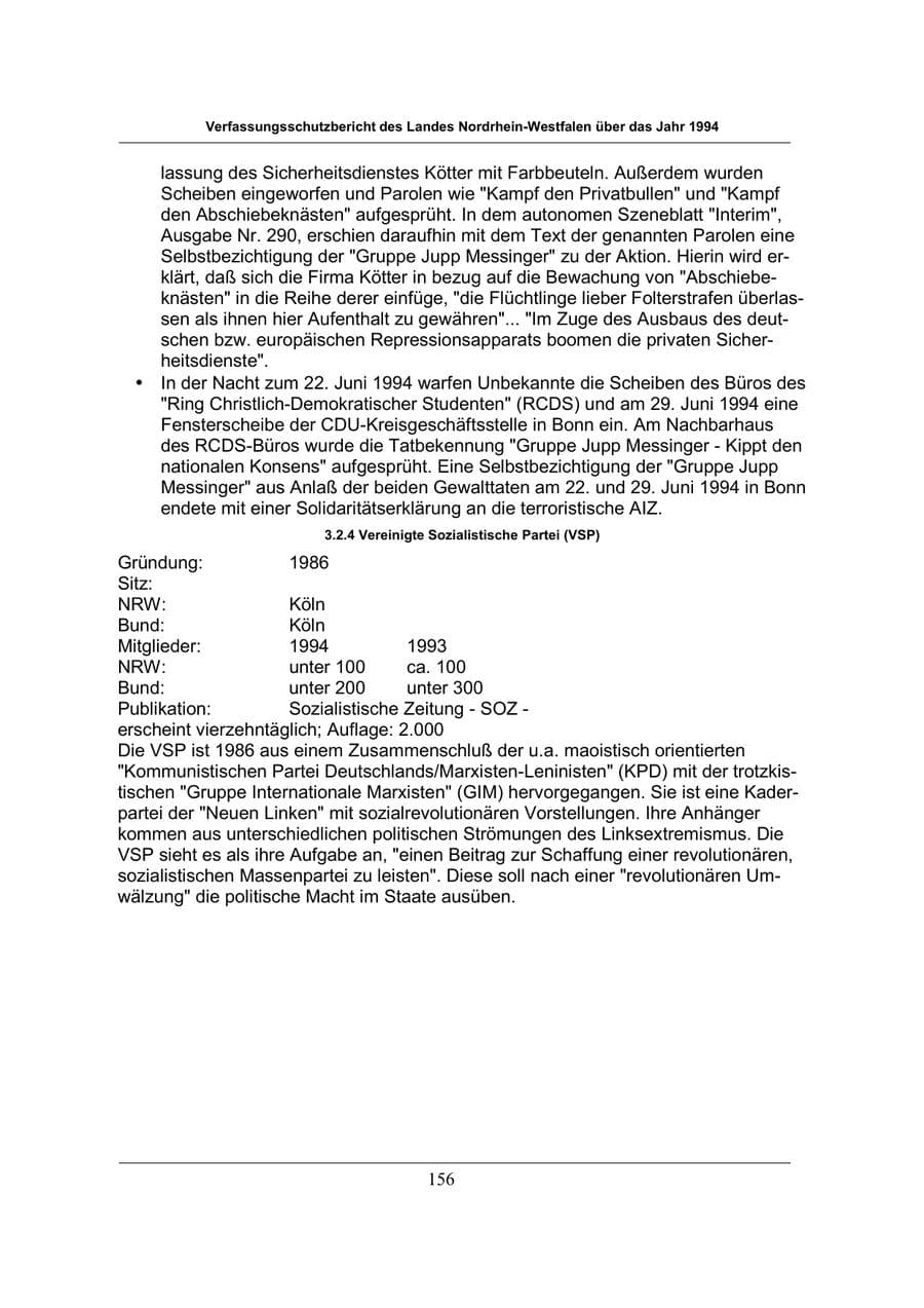 Seite 156 des Verfassungsschutzbericht 1994 Nordrhein-Westfalen