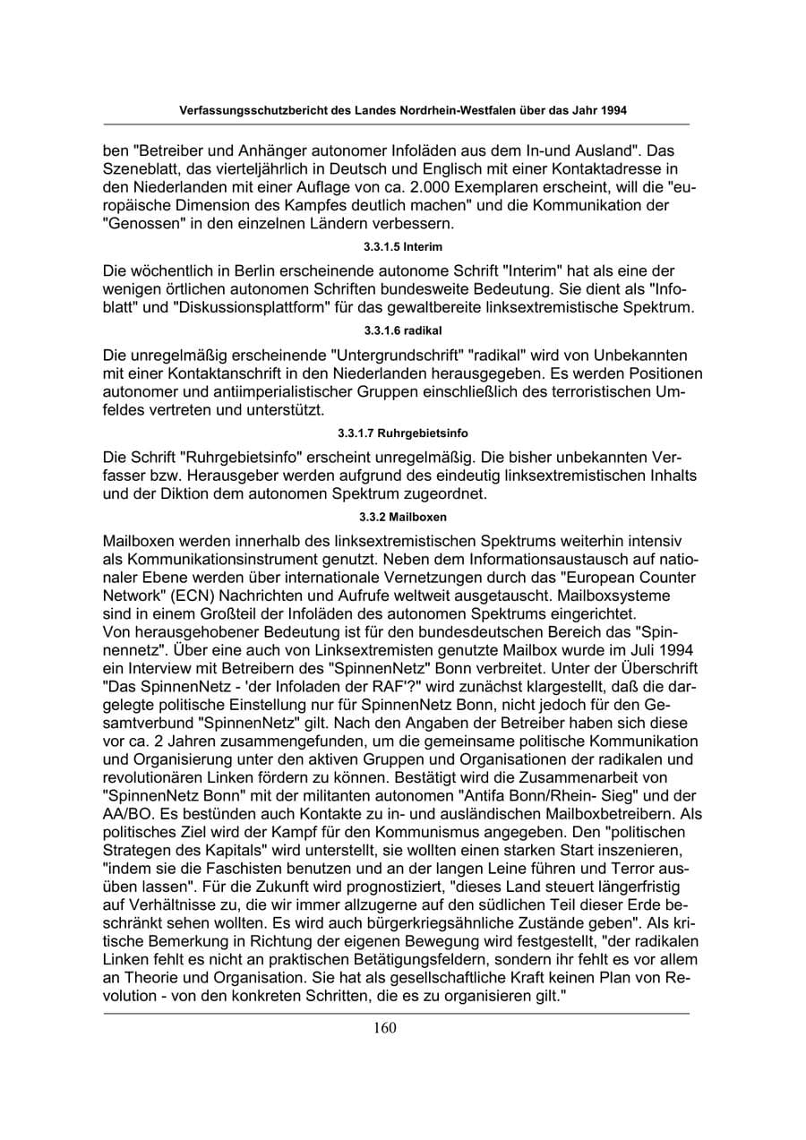 Seite 160 des Verfassungsschutzbericht 1994 Nordrhein-Westfalen