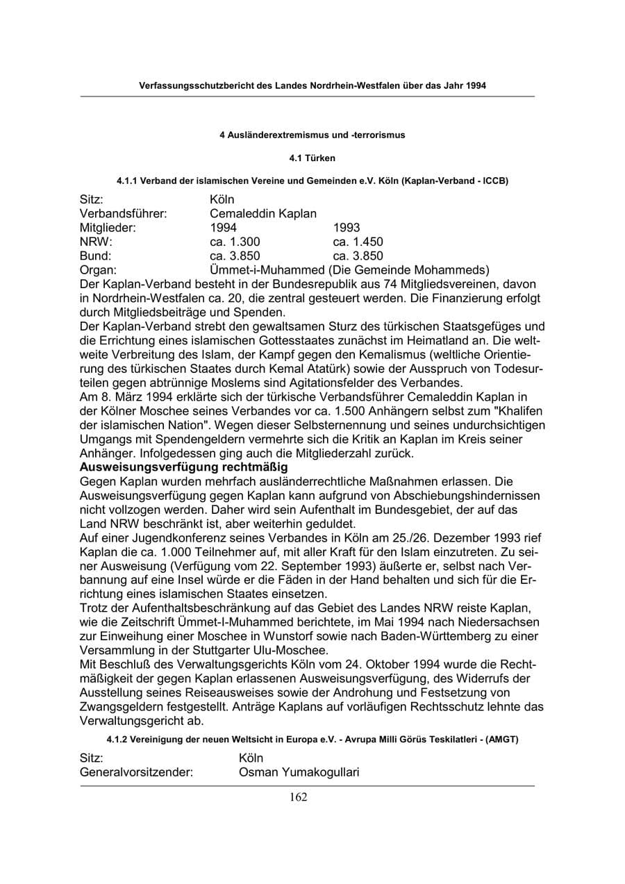Seite 162 des Verfassungsschutzbericht 1994 Nordrhein-Westfalen