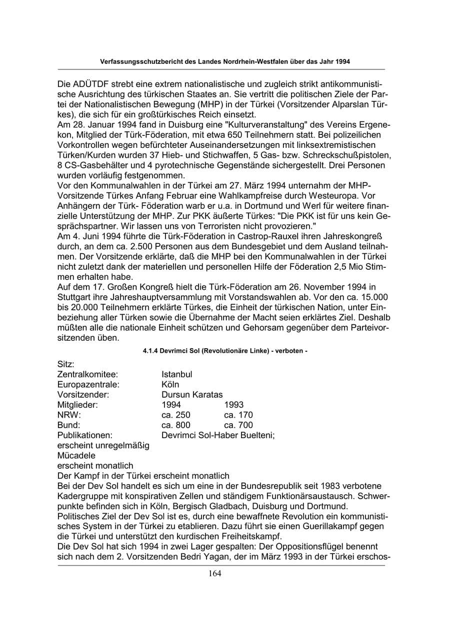 Seite 164 des Verfassungsschutzbericht 1994 Nordrhein-Westfalen