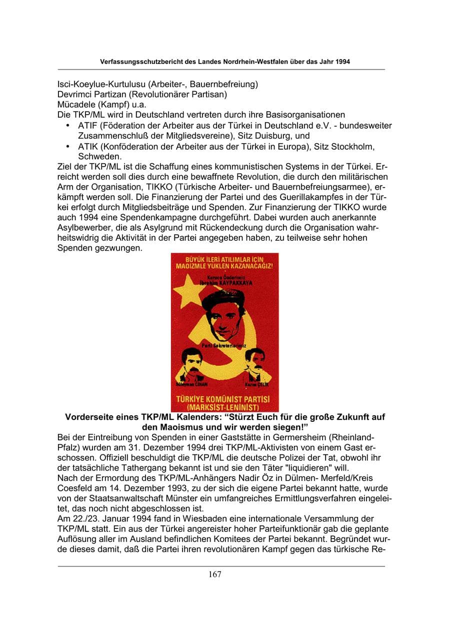 Seite 167 des Verfassungsschutzbericht 1994 Nordrhein-Westfalen
