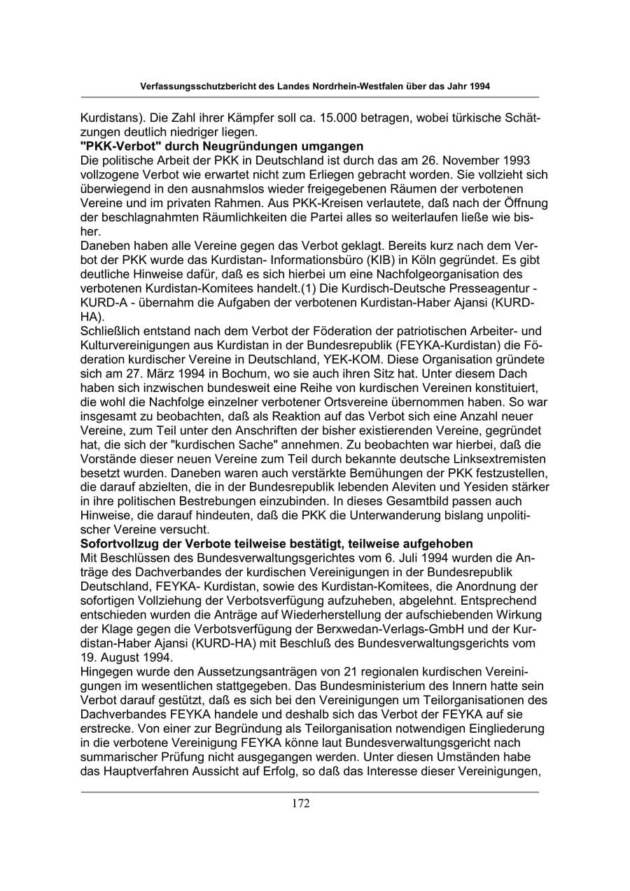 Seite 172 des Verfassungsschutzbericht 1994 Nordrhein-Westfalen