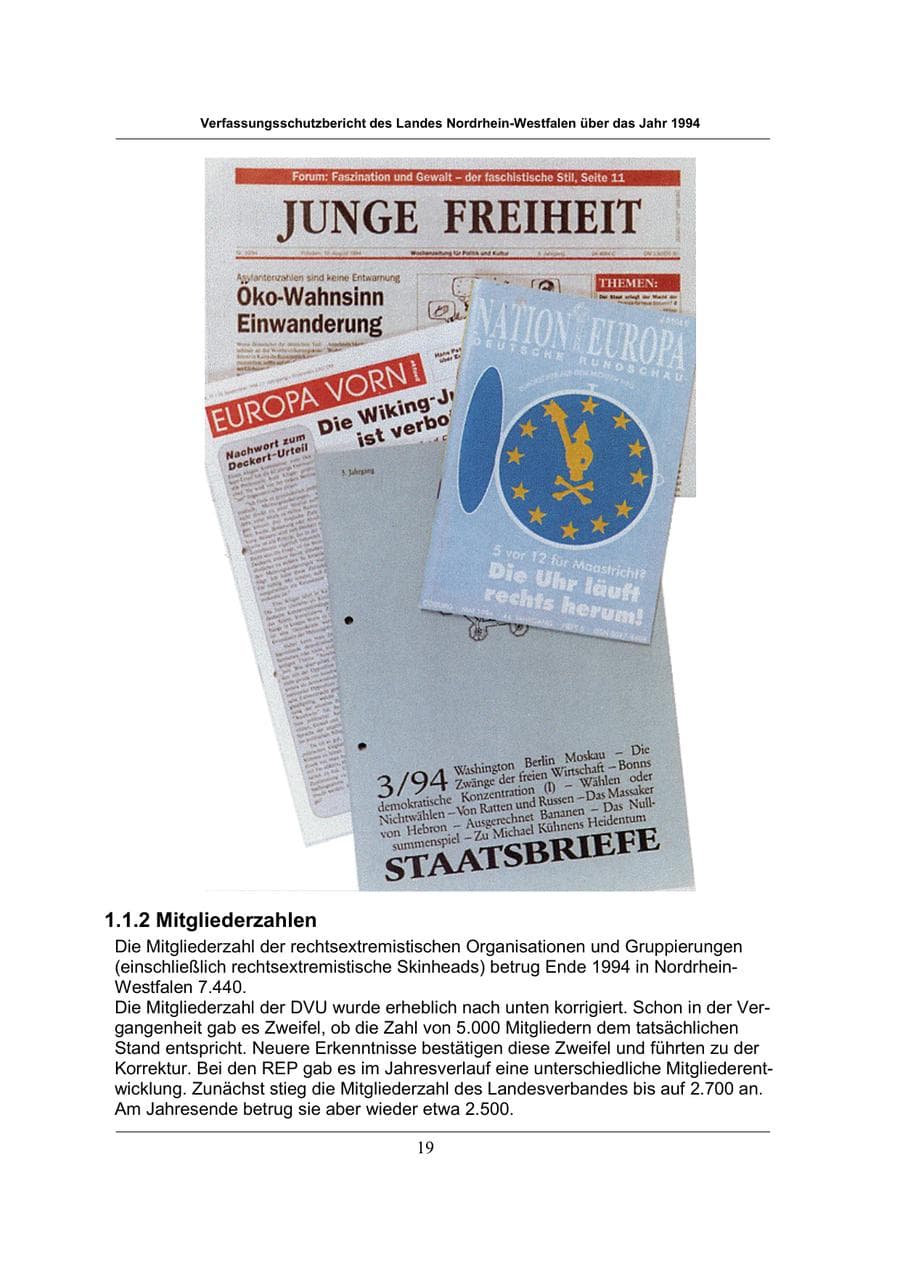 Seite 19 des Verfassungsschutzbericht 1994 Nordrhein-Westfalen