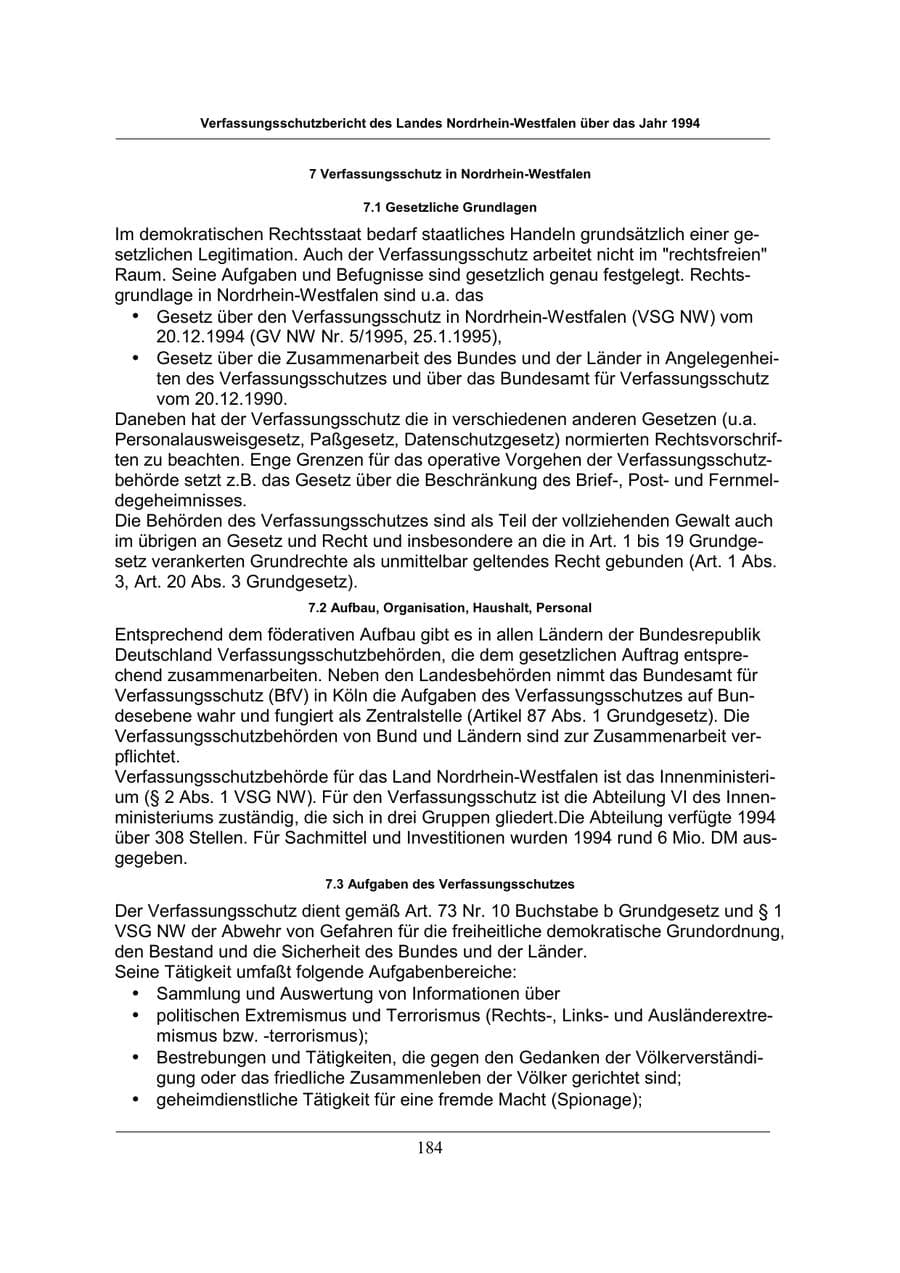 Seite 184 des Verfassungsschutzbericht 1994 Nordrhein-Westfalen