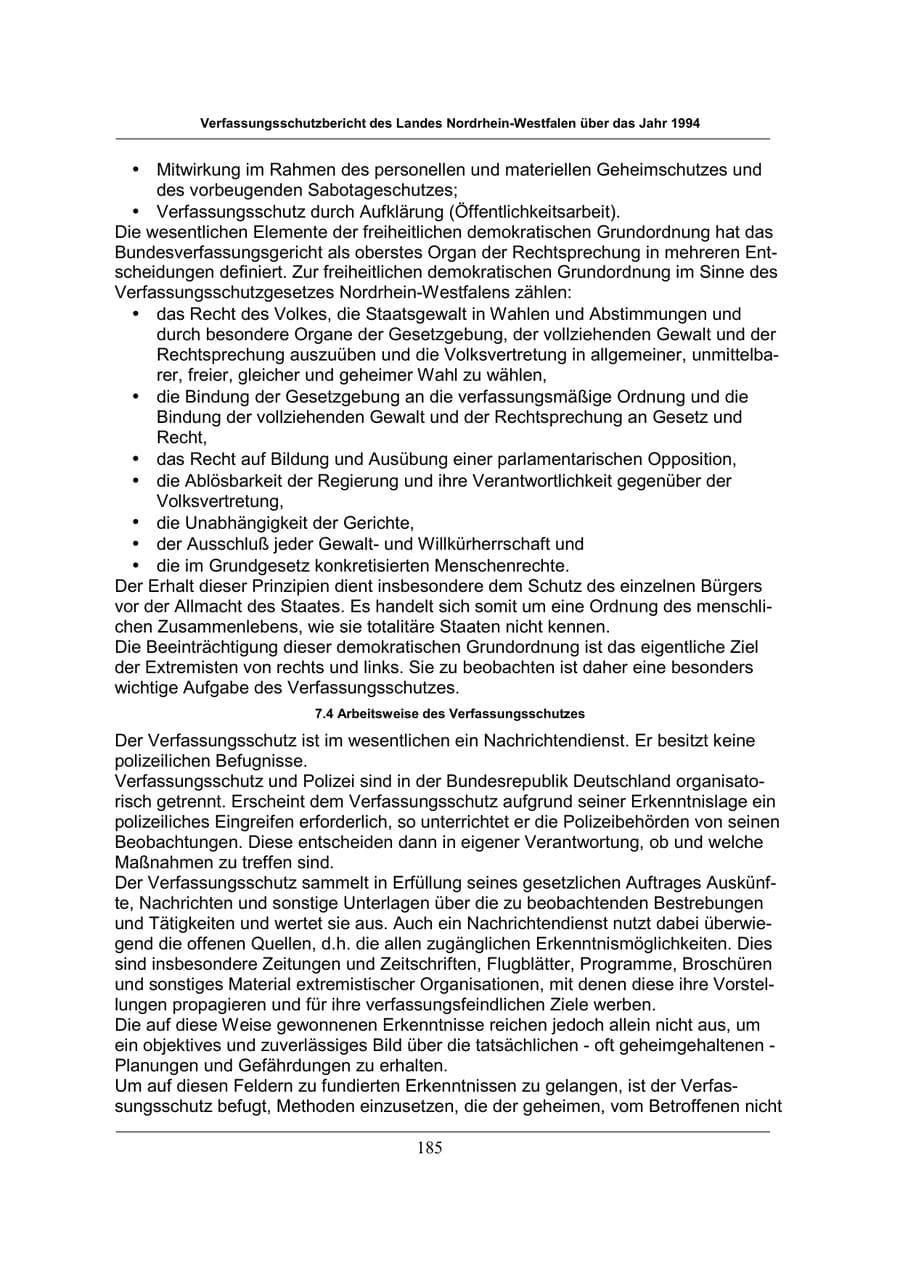Seite 185 des Verfassungsschutzbericht 1994 Nordrhein-Westfalen