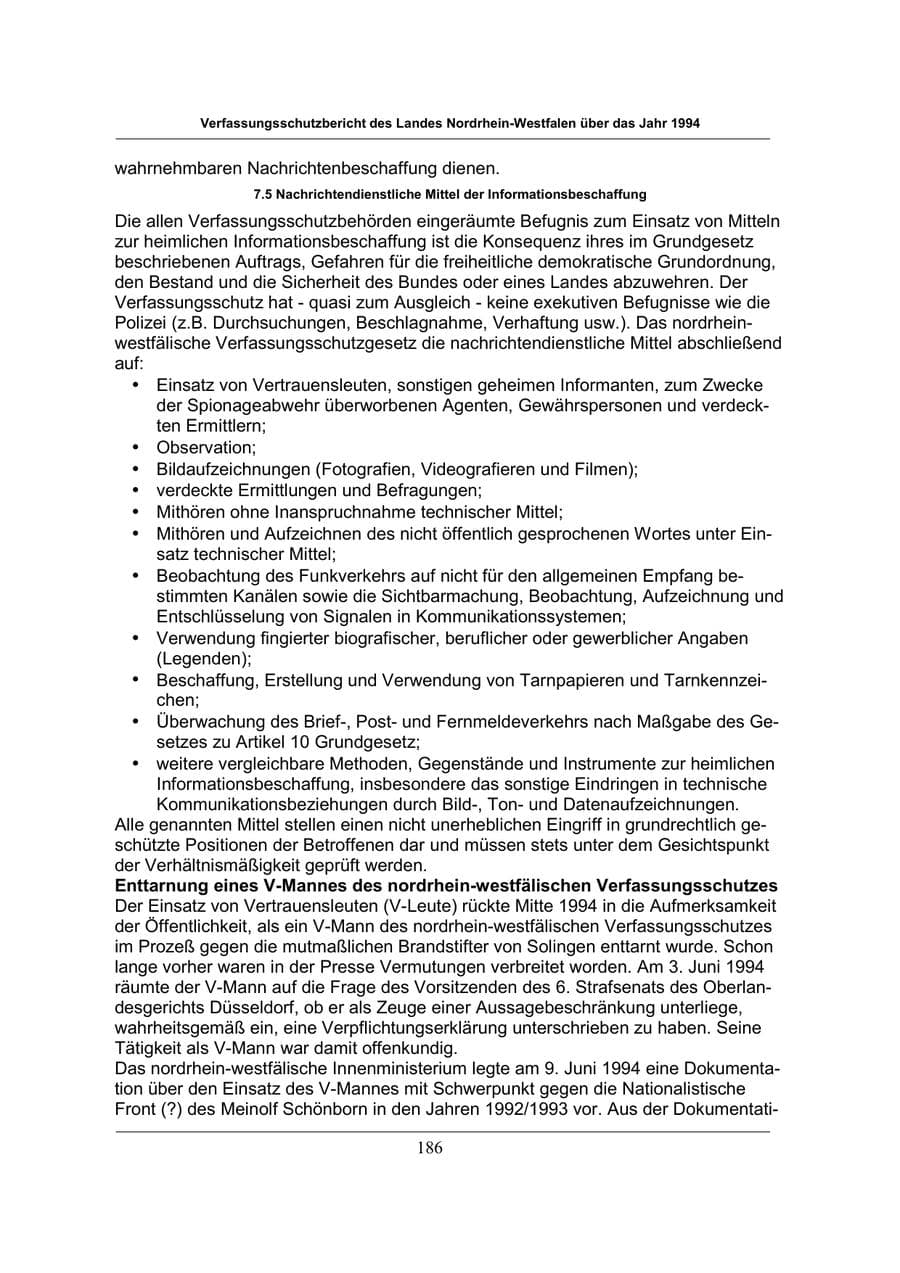 Seite 186 des Verfassungsschutzbericht 1994 Nordrhein-Westfalen