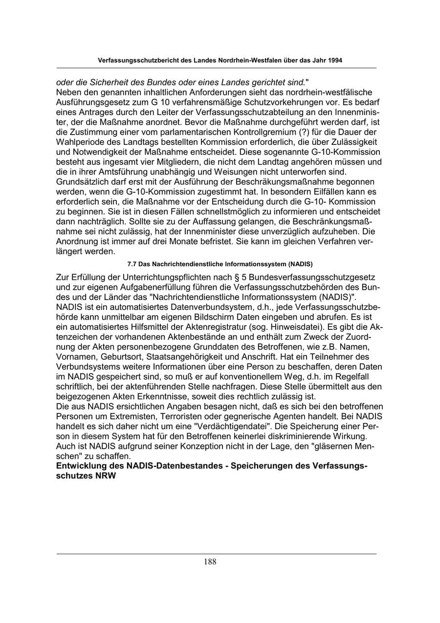 Seite 188 des Verfassungsschutzbericht 1994 Nordrhein-Westfalen