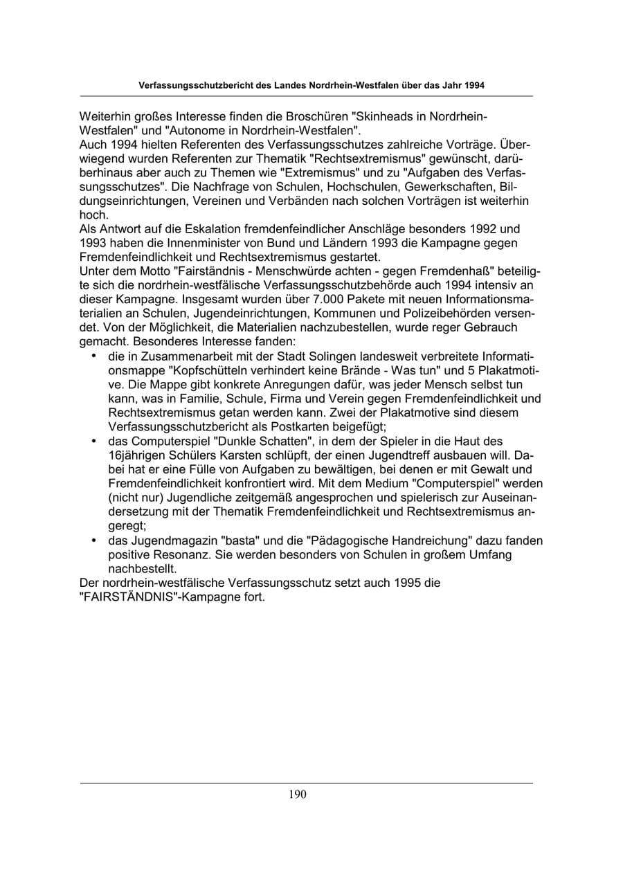 Seite 190 des Verfassungsschutzbericht 1994 Nordrhein-Westfalen