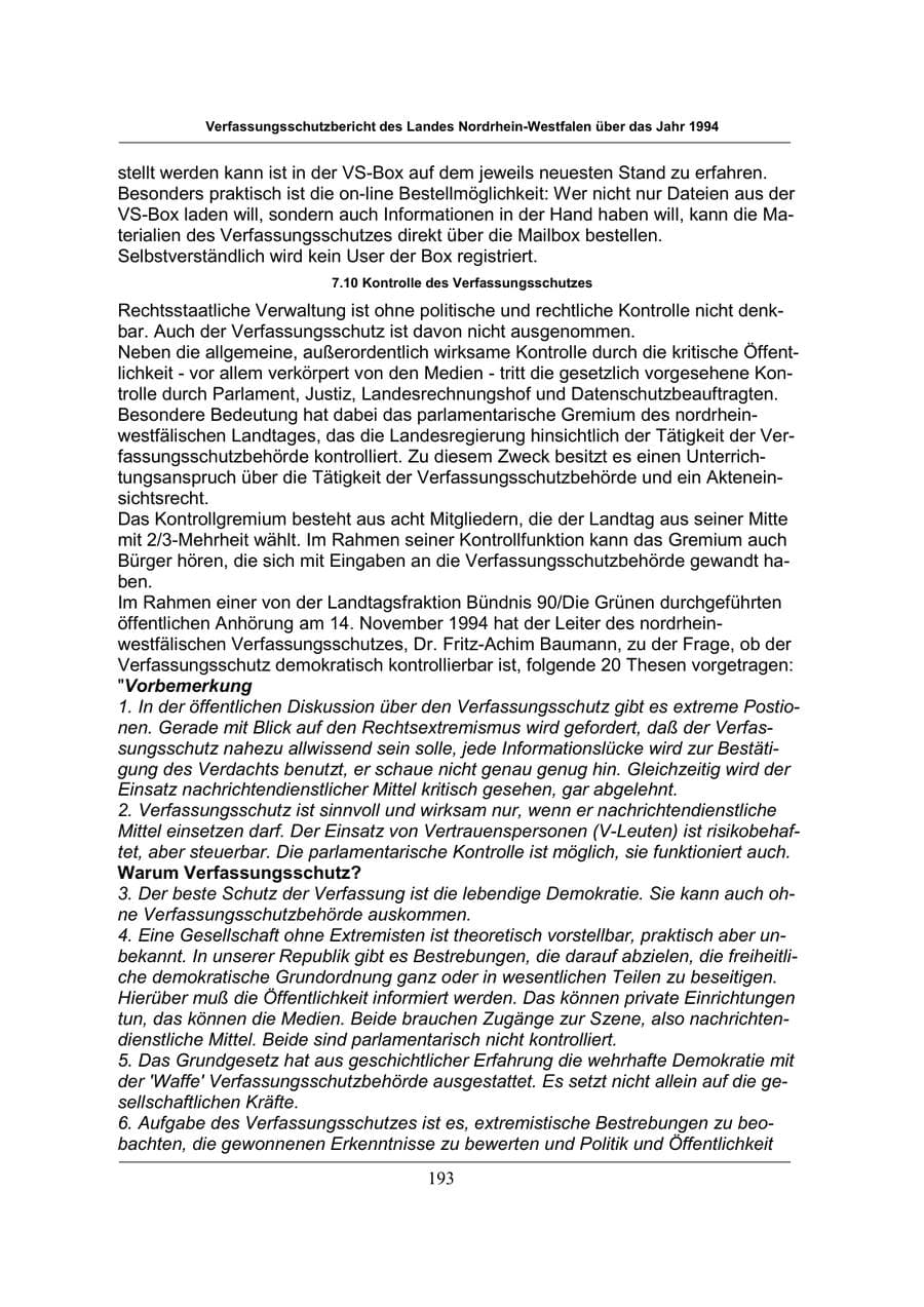 Seite 193 des Verfassungsschutzbericht 1994 Nordrhein-Westfalen