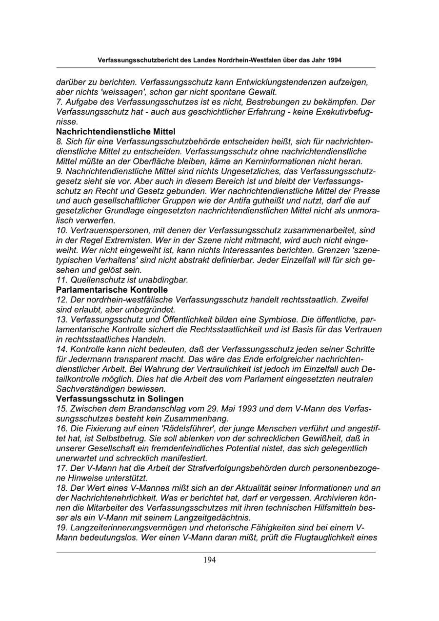 Seite 194 des Verfassungsschutzbericht 1994 Nordrhein-Westfalen