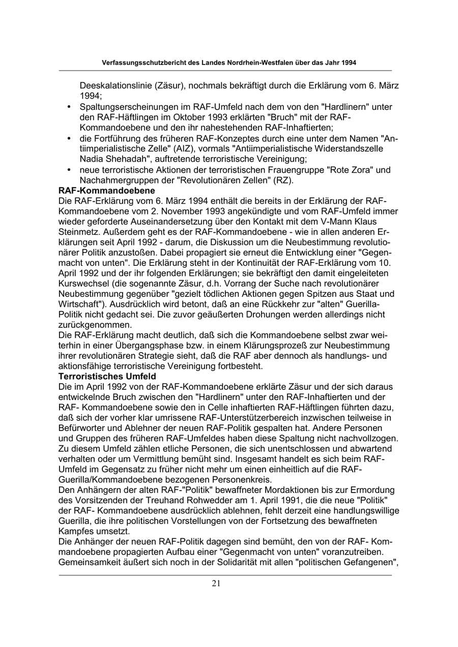 Seite 21 des Verfassungsschutzbericht 1994 Nordrhein-Westfalen