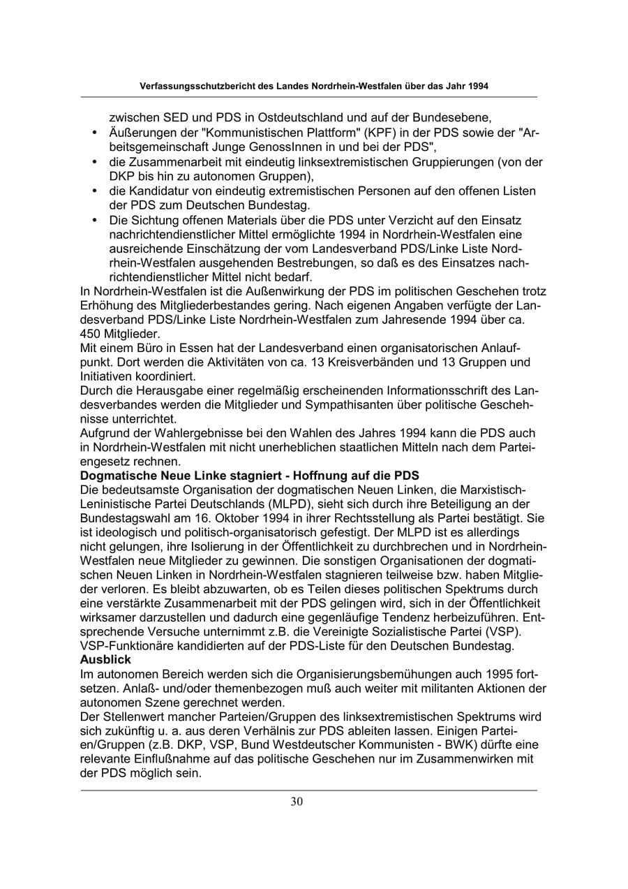 Seite 30 des Verfassungsschutzbericht 1994 Nordrhein-Westfalen