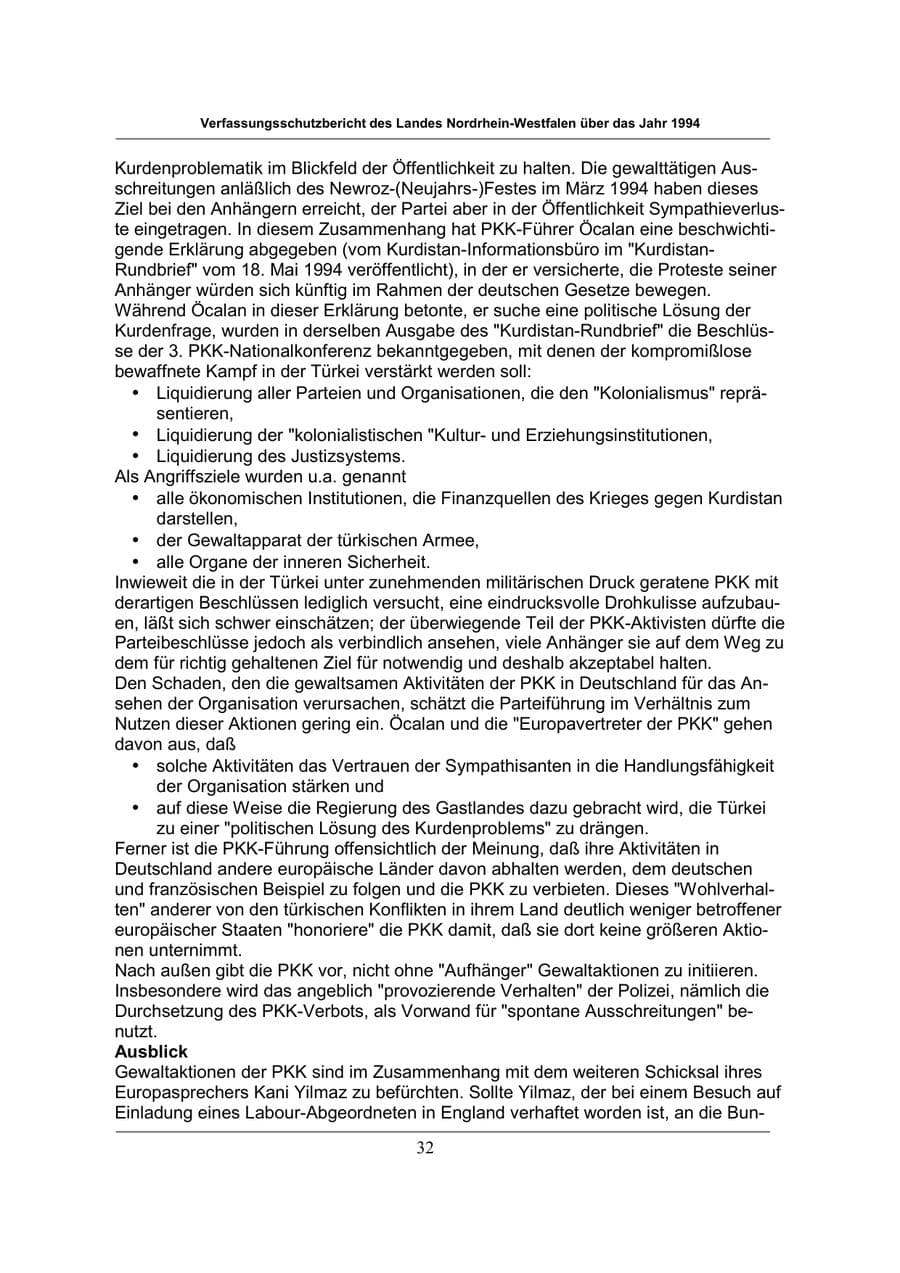 Seite 32 des Verfassungsschutzbericht 1994 Nordrhein-Westfalen