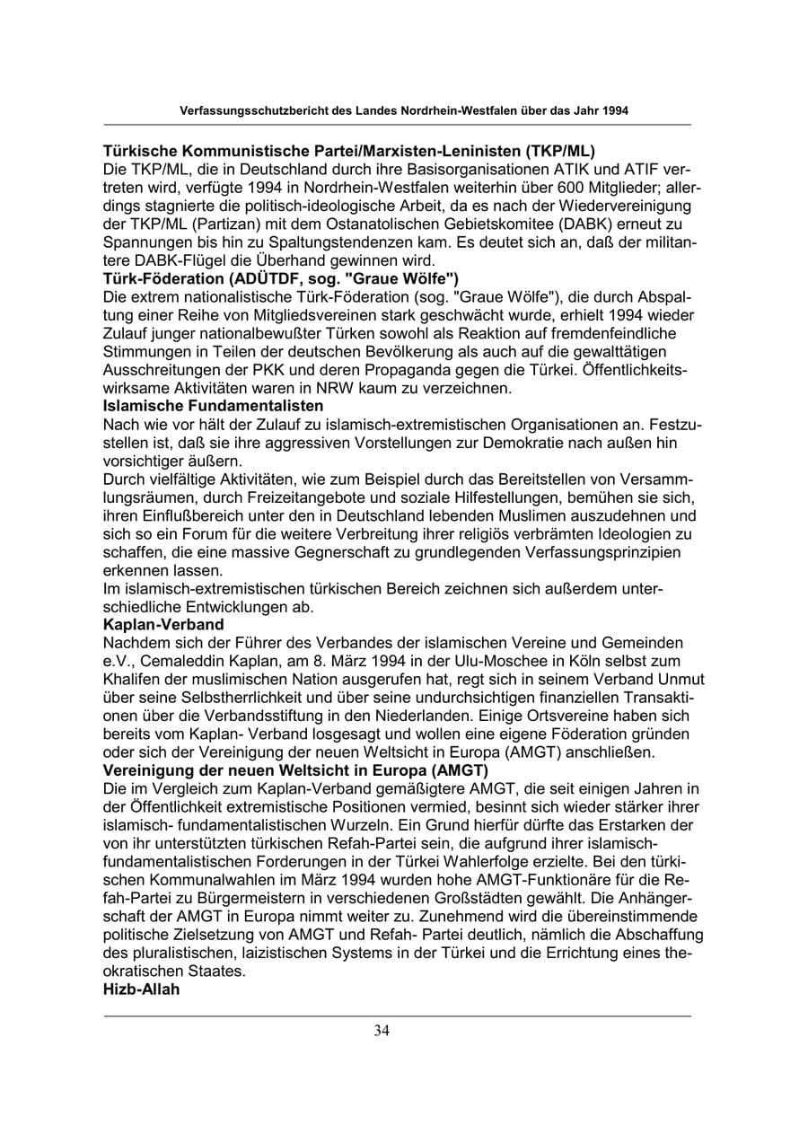 Seite 34 des Verfassungsschutzbericht 1994 Nordrhein-Westfalen