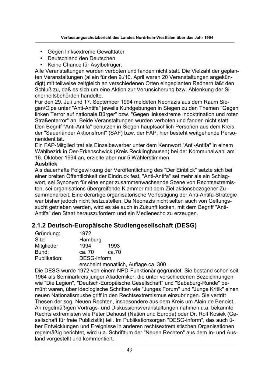 Seite 43 des Verfassungsschutzbericht 1994 Nordrhein-Westfalen