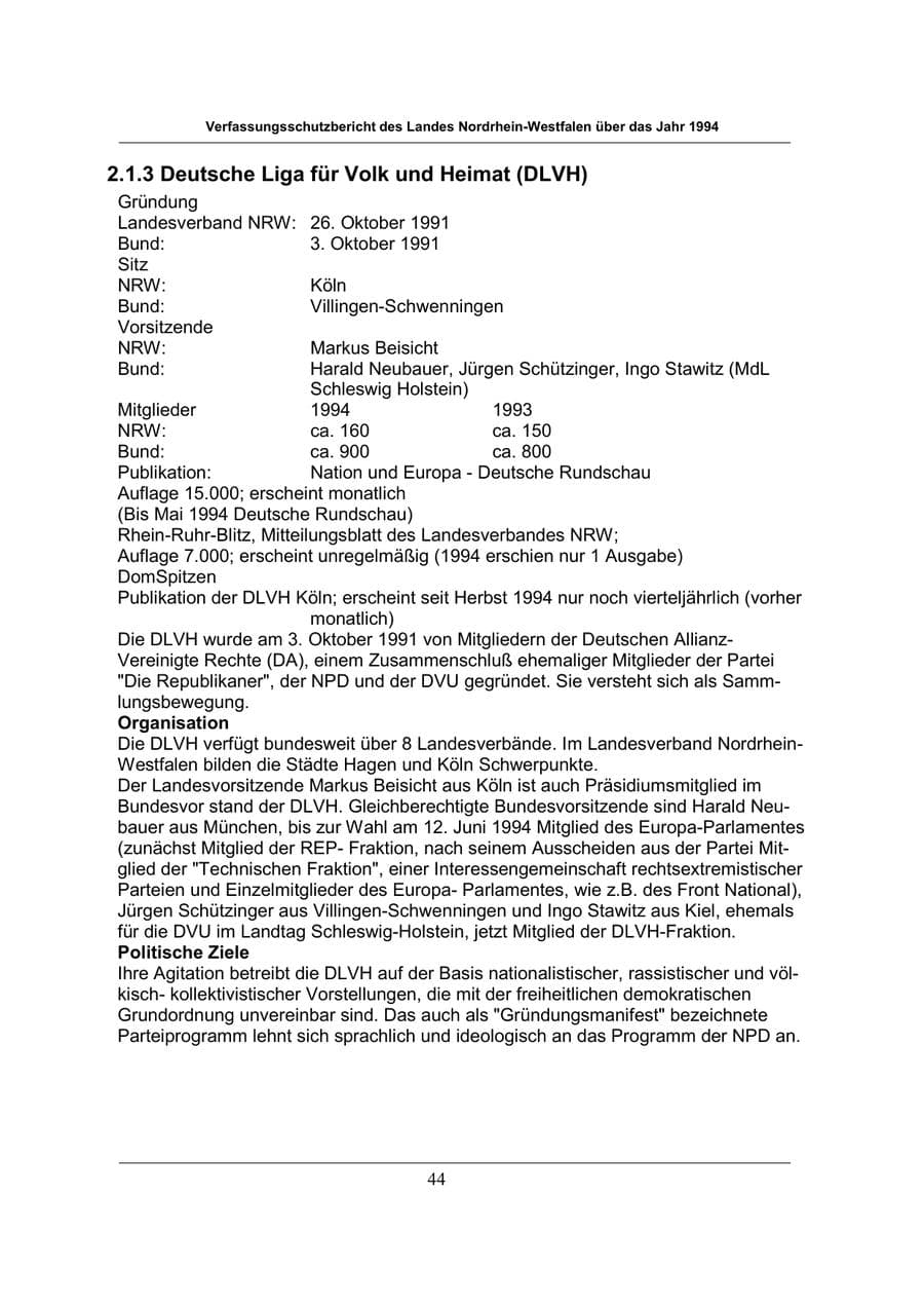 Seite 44 des Verfassungsschutzbericht 1994 Nordrhein-Westfalen